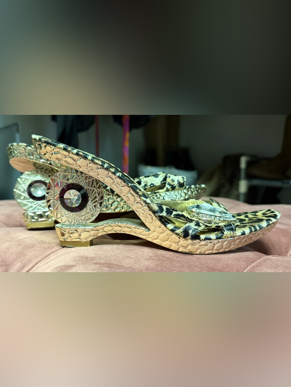 Summer Rio Gold Wedges with Leopard-Print Straps and Gemstone accents